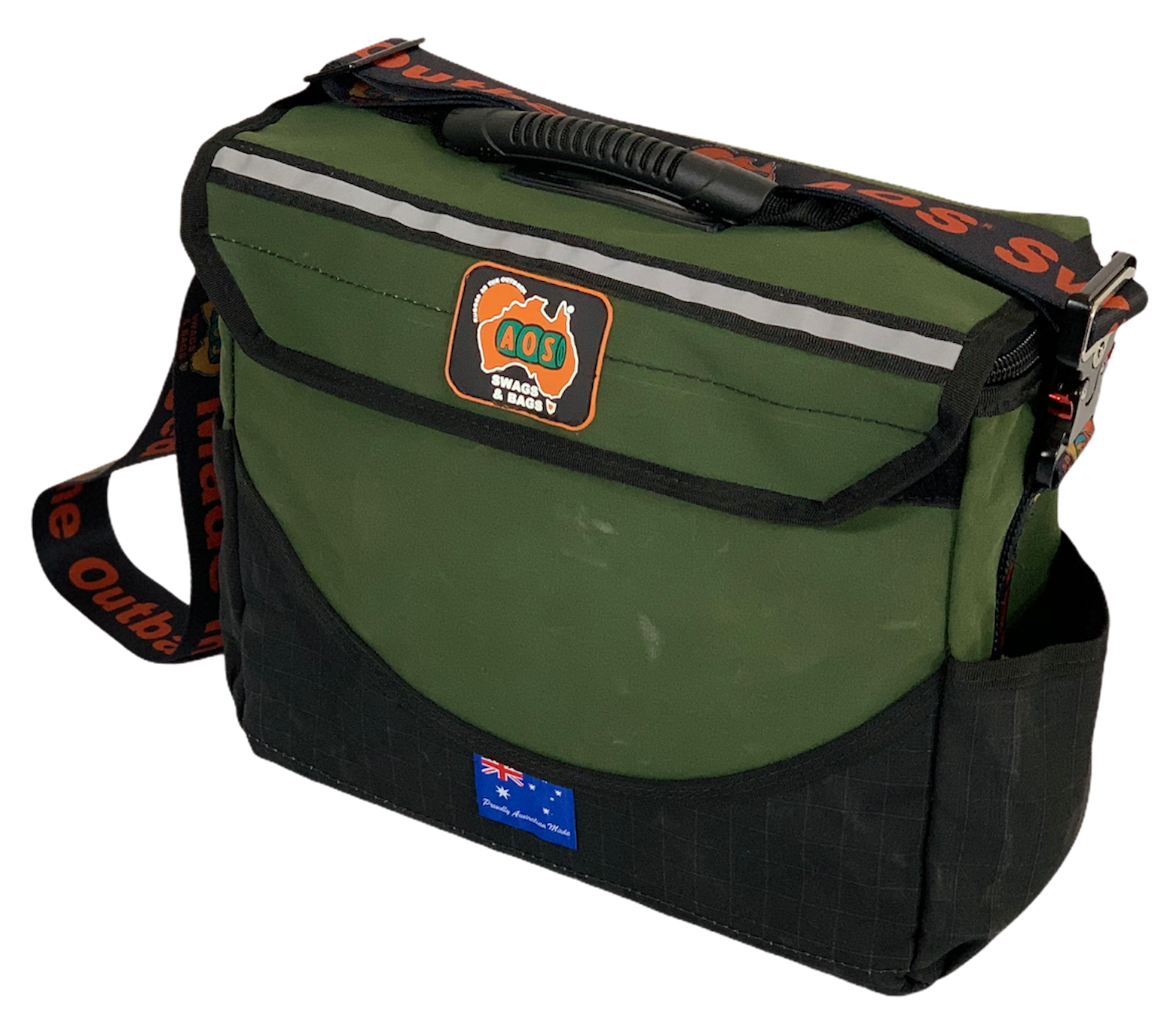 AOS Australian Made Deluxe Canvas Tool Bag, Triple Layer Base, Lockable,  Grab Handle, Adjustable Shoulder Strap, Metal Buckle - Small - Green/Black
