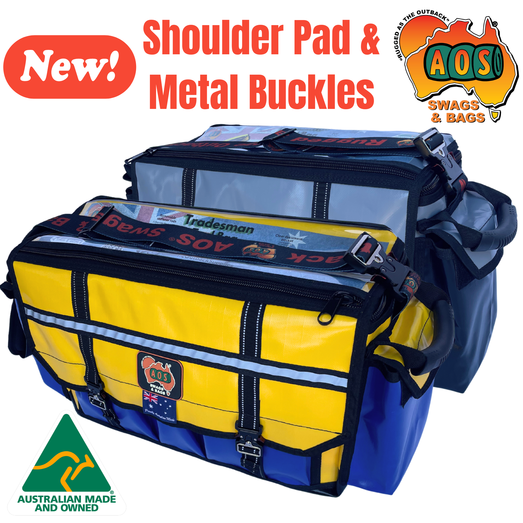 AOS Australian Made Pro Tradesman Tool Bag, Heavy Duty Base, Lockable, Grab  Handles, Adjustable Shoulder Strap w/Shoulder Pad, Metal Buckle - PVC - 2  Colours - Aussie Outback Supplies