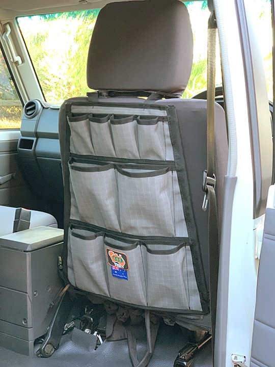 AOS 4WD Australian Made Rip Stop Canvas Universal Rear Seat storage  Organiser with Stiffening Rods - 12 Pockets - Black - Aussie Outback  Supplies