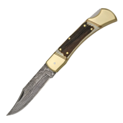 DAMASCUS Lockback Hunter Folding Knife with Damascus Clip Point Blade, Stag Handle and Leather Belt Sheath