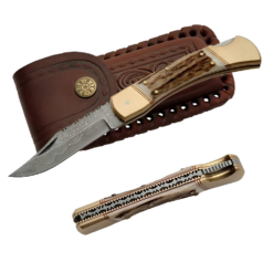 Alternative view of DAMASCUS Lockback Hunter Folding Knife with Damascus Clip Point Blade, Stag Handle and Leather Belt Sheath