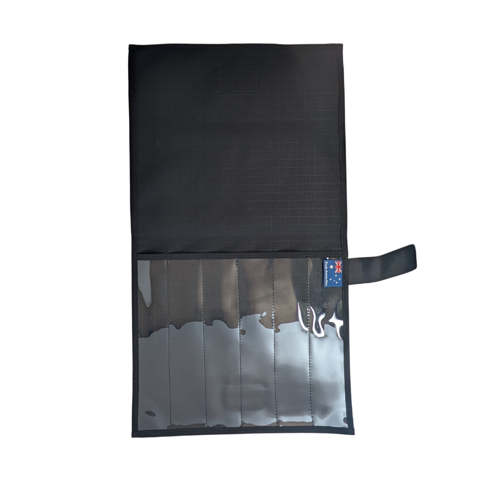 SICUT 6 Pocket Knife Wrap with Clear Heavy Duty PVC Front – Black 14oz Rip-Stop Canvas – Australian Made