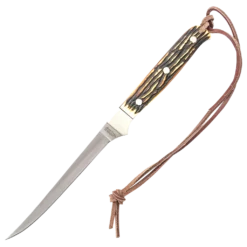 SCHRADE Uncle Henry 168UH Walleye Fixed Blade Hunting Knife with 7Cr17MoV Trailing Point Blade and Leather Sheath
