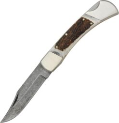 DAMASCUS Lockback Folding Knife with Damascus Clip Point Blade, Stag Handle and Leather Pouch