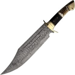 ROUGH RIDER Bowie Damascus Knife 14in Full Tang with Stag and Pakkawood Handle Leather Sheath