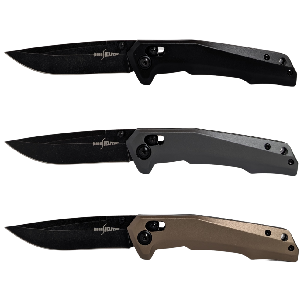 SICUT EDC Axis Lock Folding Knife 3.5″ High Carbon Stainless Steel Blade – Black, Grey or Tan Aluminium Handle