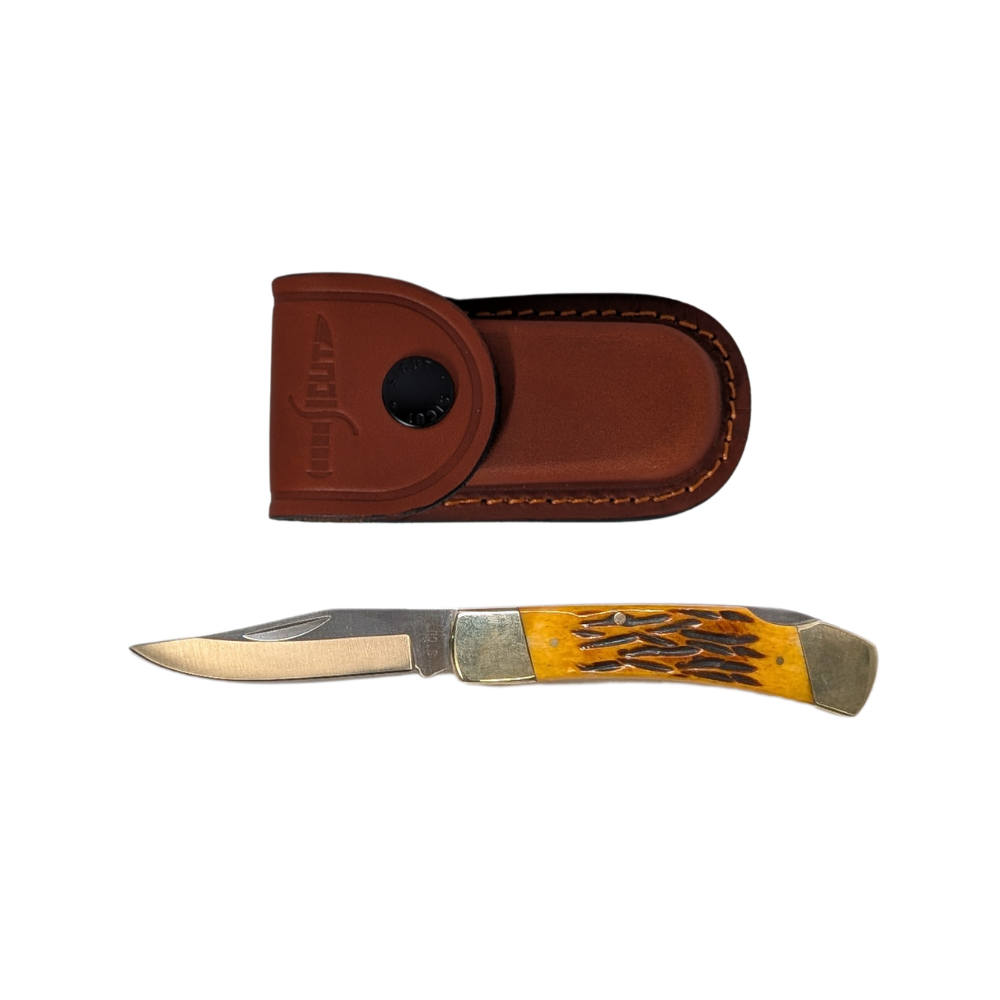SICUT Traditional Lockback Folding Knife 3.5″ with Leather Belt Pouch – Genuine Bone, Sawcut or Burlwood Handle - Image 4