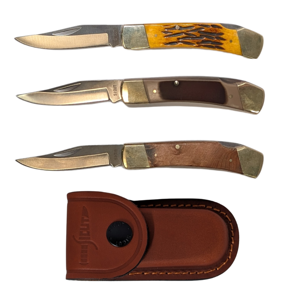 SICUT Traditional Lockback Folding Knife 3.5″ with Leather Belt Pouch – Genuine Bone, Sawcut or Burlwood Handle